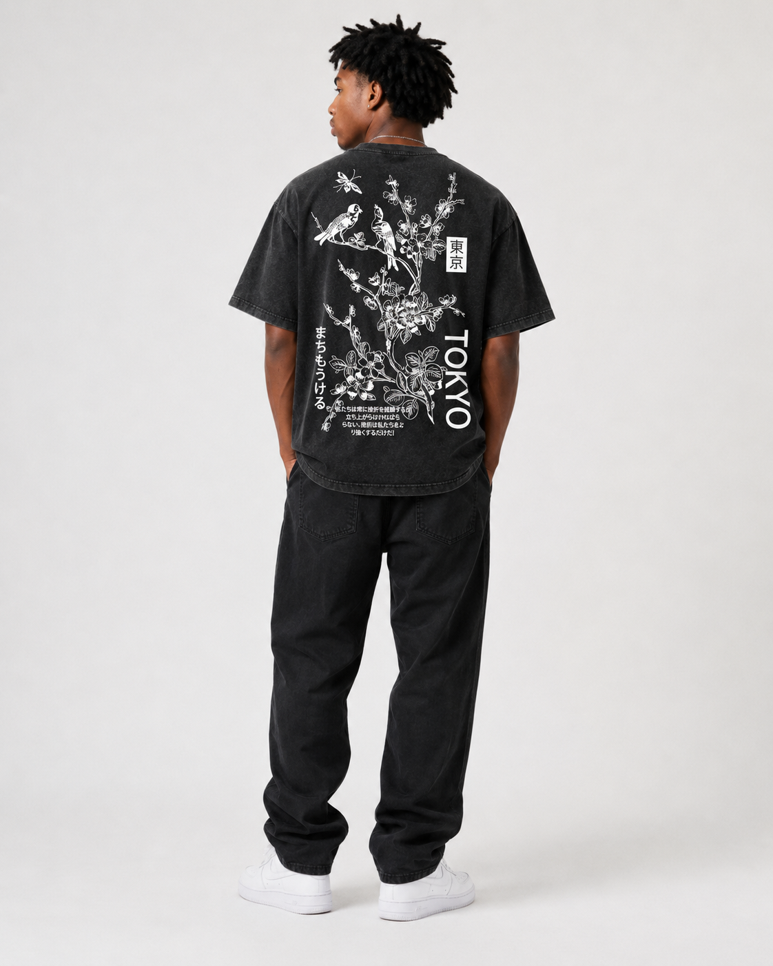 Vintage-Wash Short-Sleeve T-Shirt | Oversized Unisex Fit with Double-Sided Tokyo-Style Floral, Bird, and Cherry Blossom Woodblock Print