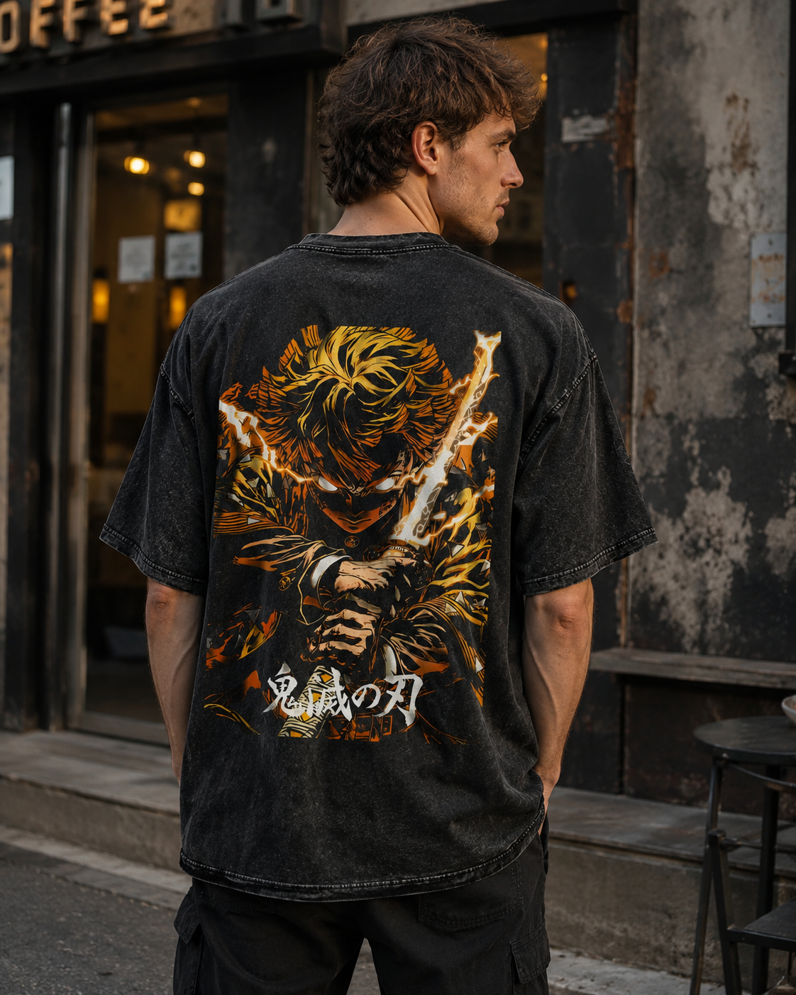 Vintage Stone Wash Demon Slayer Zenitsu Lightning Samurai Print Short-Sleeve Top, High Street Heavyweight Cotton Drop-Shoulder Anime Style