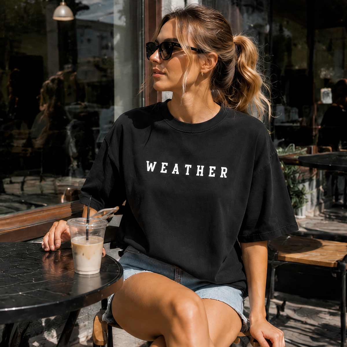 Women's Oversized Preppy-Style Short-Sleeve Cotton T-Shirt – Coffee-Themed, Washed/Distressed Finish, Double-Sided Lettering