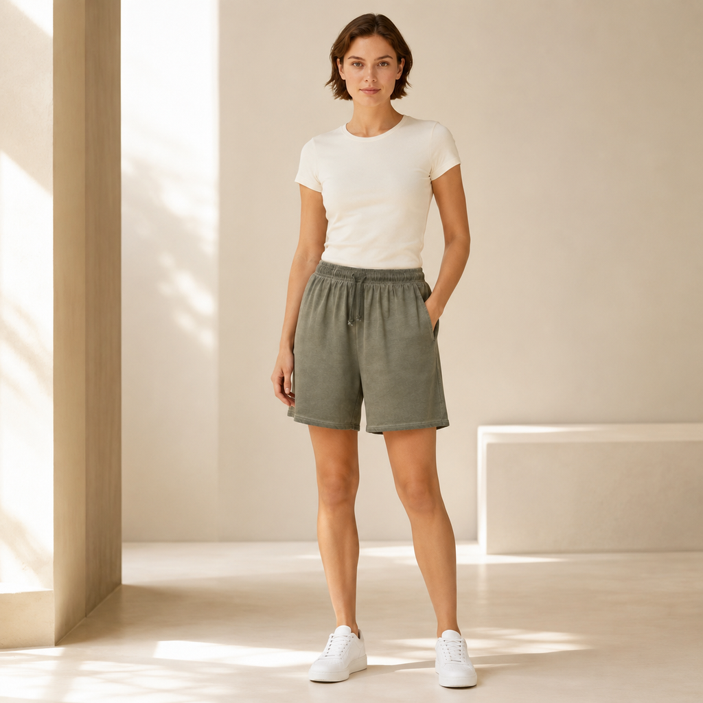 American vintage-style "dirty wash" shorts; distressed, faded, cotton-feel athletic shorts; versatile, casual unisex style.