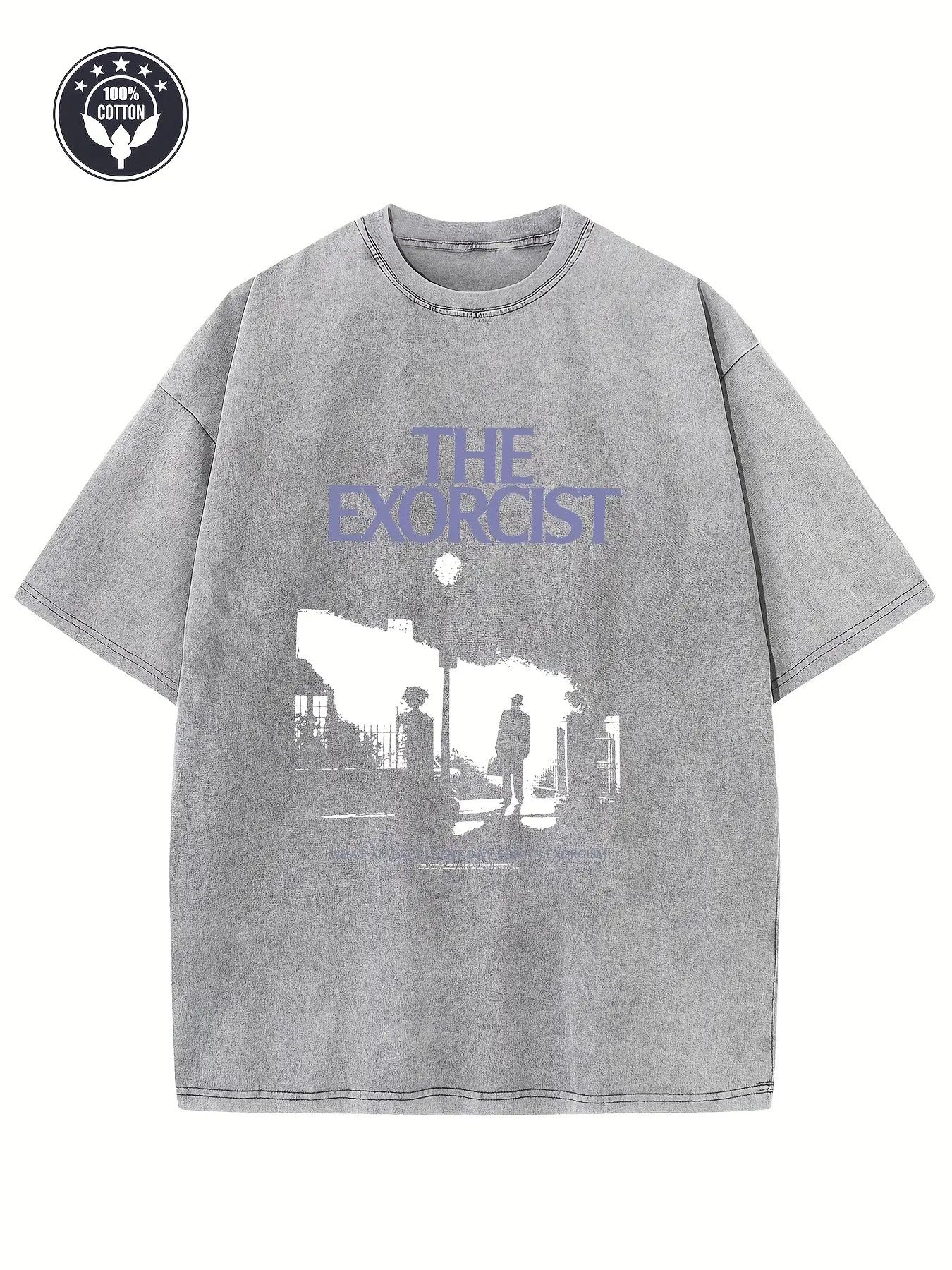 Men'S and Unisex Heavyweight 250g Retro Washed "The Exorcist" Movie Graphic Print T-Shirt | Brown and Blue, Soft Drop Shoulder Cut, Crew Neck, Machine Washable, Suitable for Daily Wear, Parties, Movie Fans, All-Season1:1