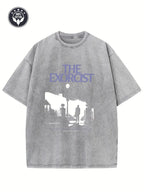 Men'S and Unisex Heavyweight 250g Retro Washed "The Exorcist" Movie Graphic Print T-Shirt | Brown and Blue, Soft Drop Shoulder Cut, Crew Neck, Machine Washable, Suitable for Daily Wear, Parties, Movie Fans, All-Season1:1