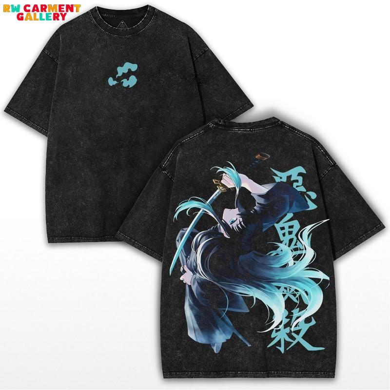 Muichiro x Demon Slayer Vintage Washed Tee – Oversized Anime Shirt featuring Mist Blade Pose & Retro Back Art Design