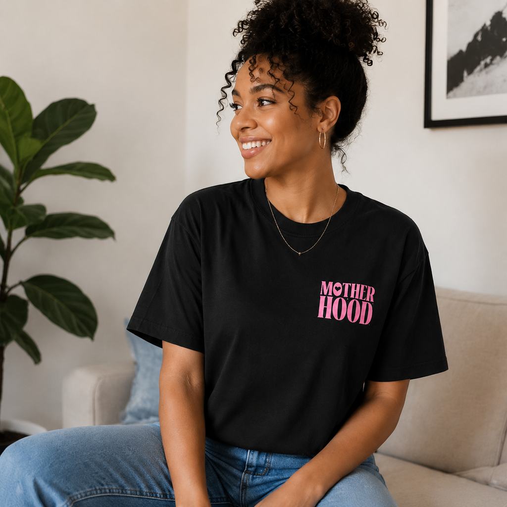 "Motherhood" Double-Sided Print T-Shirt – 100% Cotton, Black, Loose-Fit, Mother's Day Themed Short-Sleeve Tee for Moms