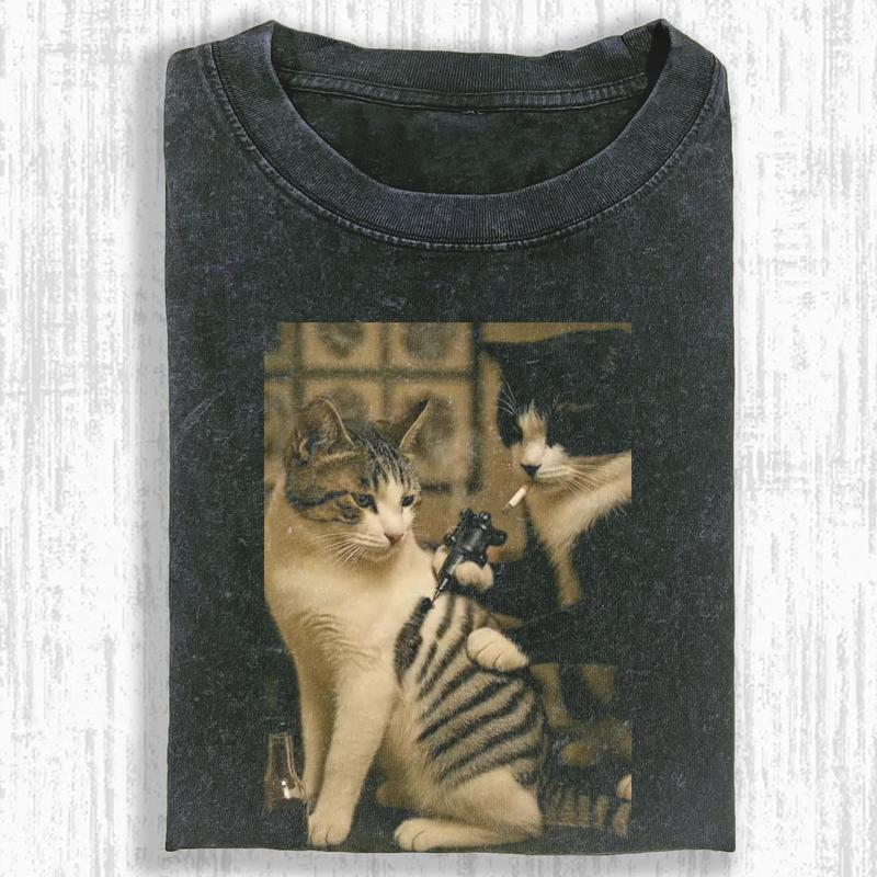 Funny Cat Vintage Washed Crew Neck Tee Heavyweight(280g) Regular Fit Casual Comfort Breathable Short Sleeve Funny T-shirts for Summer Fashion Men&Women's Top for Daily Wear 07032