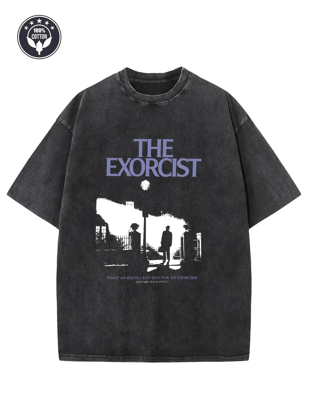 Men'S and Unisex Heavyweight 250g Retro Washed "The Exorcist" Movie Graphic Print T-Shirt | Brown and Blue, Soft Drop Shoulder Cut, Crew Neck, Machine Washable, Suitable for Daily Wear, Parties, Movie Fans, All-Season1:1