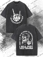 Men'S 230g Washed Retro Pattern T-Shirt | "I Will Hurt Your Feelings" Slogan and Skull Print, Regular Fit Short Sleeve, Crew Neck, Suitable for All Seasons, Machine Washable, Perfect Holiday Gift, Vintage Street Fashion