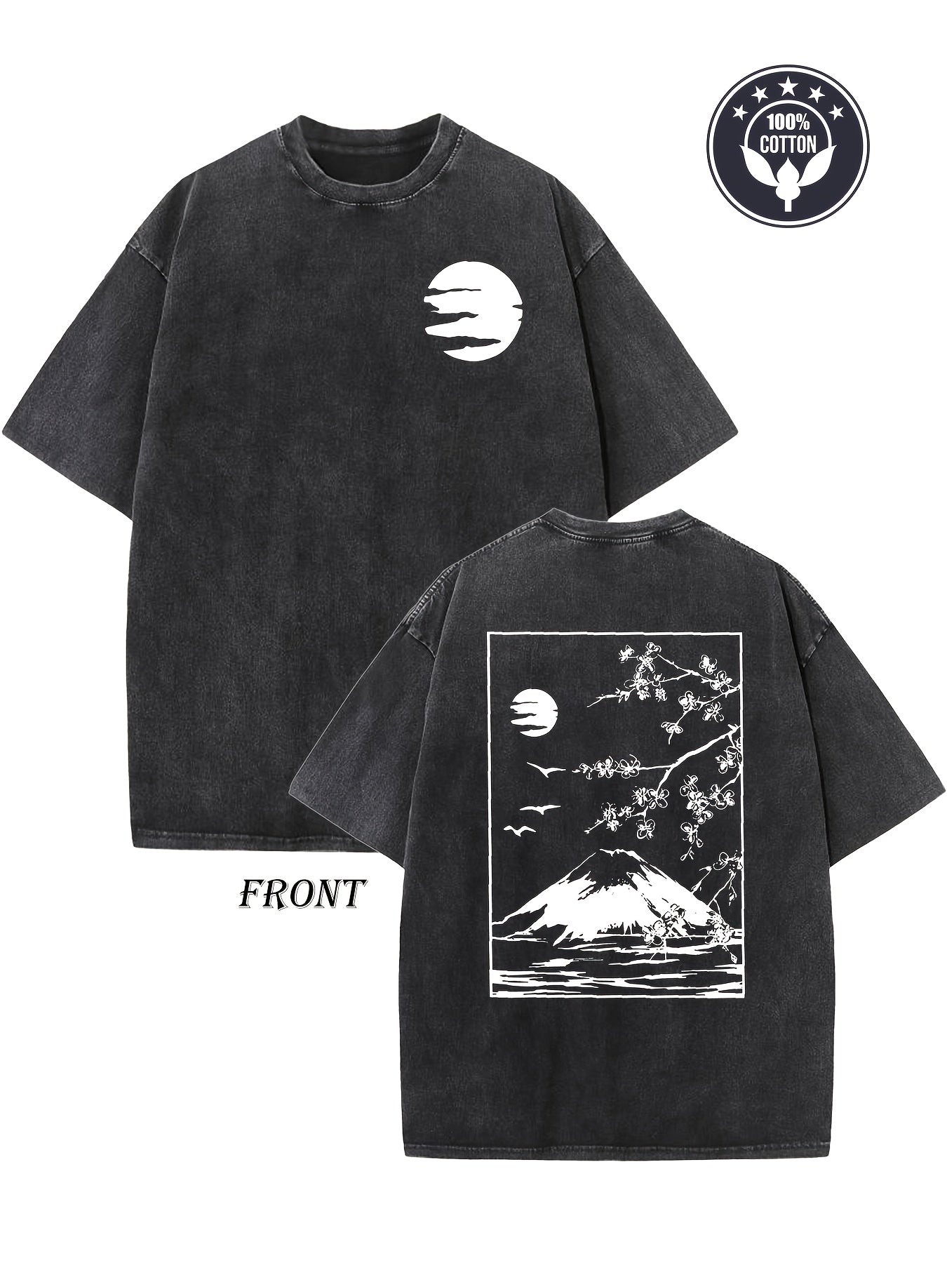 Men'S & Women'S Heavyweight 230gsm Vintage Japanese Cherry Blossom & Mount Fuji T-Shirt - Double-Sided Washed Print, Oversized Drop Shoulder Fit, Casual Streetwear, Unisex Retro Graphic Tee for All-Season (/)