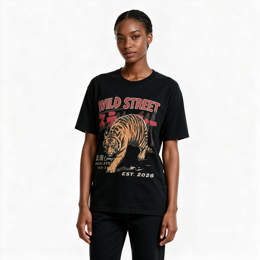 WILD STREET Vintage-Wash Fierce Tiger Print Oversized Heavyweight Cotton T-Shirt (Unisex, Japanese Streetwear Style)