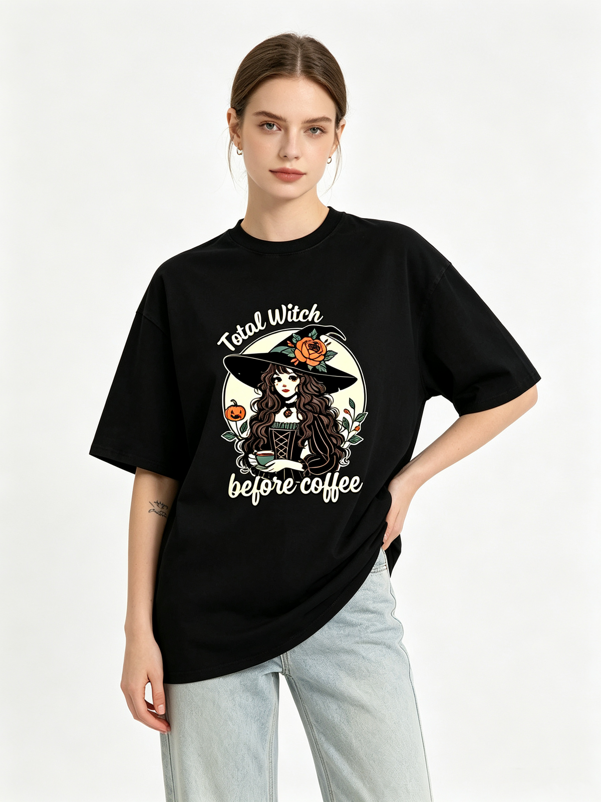 Heavyweight Cotton Vintage-Wash Oversized T-Shirt – Halloween Witch & Coffee Graphic (Unisex/Men's Streetwear Style)