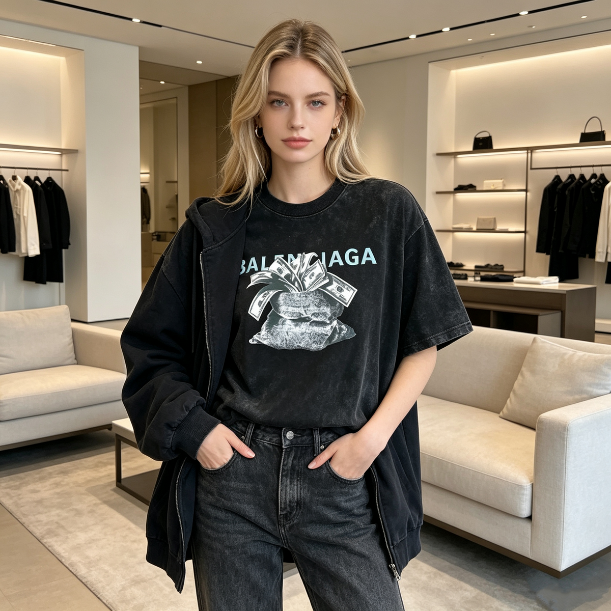 Women's Black Acid-Wash Short-Sleeve T-Shirt – Loose-Fit American Streetwear Crewneck with Money Bag, Cash, and Lettering Print