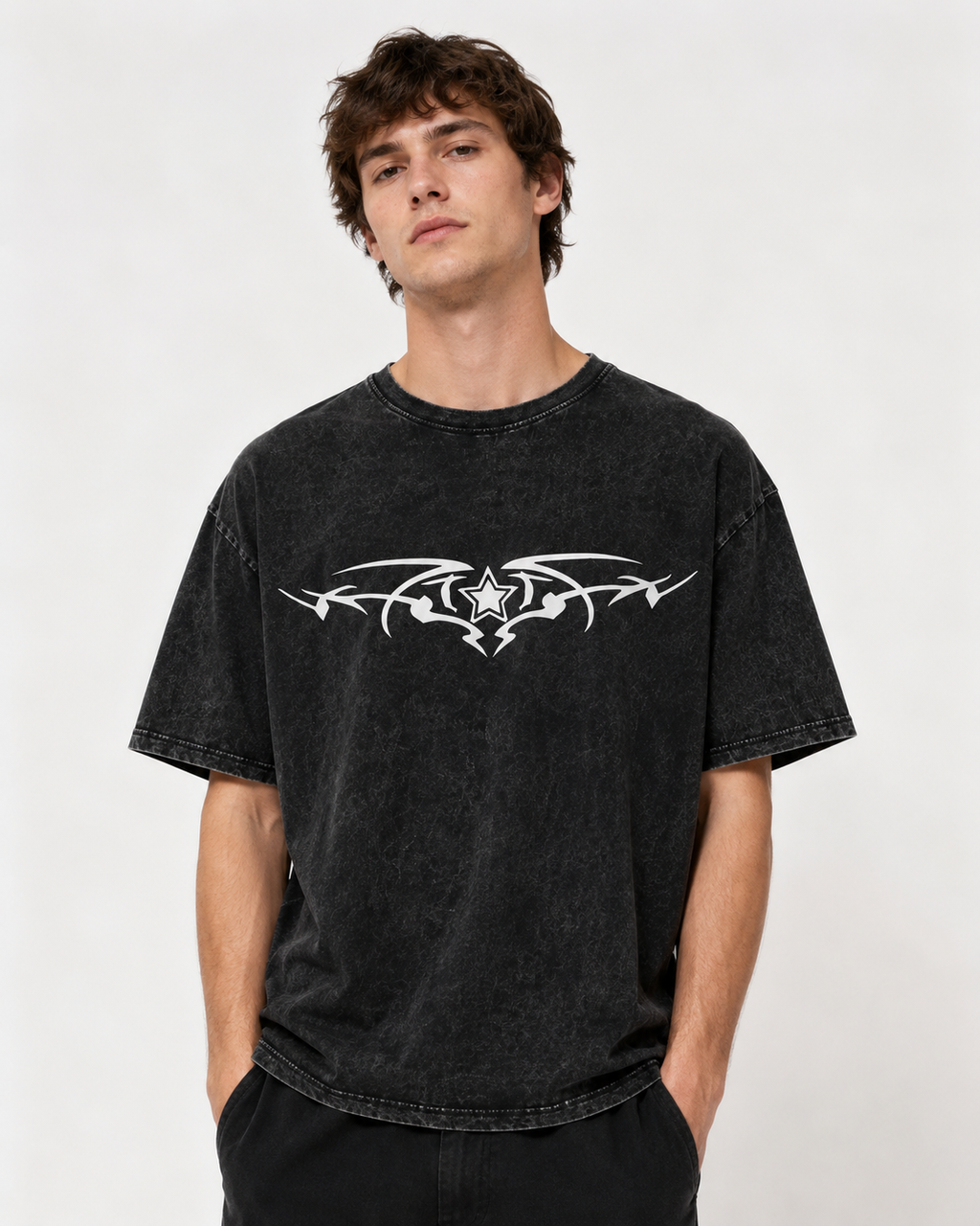 Dark Gothic Dragon Bone Demon Wing Double-Sided Print Totem Print Washed Distressed Short-Sleeve T-Shirt, American Heavyweight Pure Cotton, Oversized, Subculture Retro High Street Style, Unisex T-Shirt