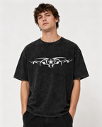 Dark Gothic Dragon Bone Demon Wing Double-Sided Print Totem Print Washed Distressed Short-Sleeve T-Shirt, American Heavyweight Pure Cotton, Oversized, Subculture Retro High Street Style, Unisex T-Shirt