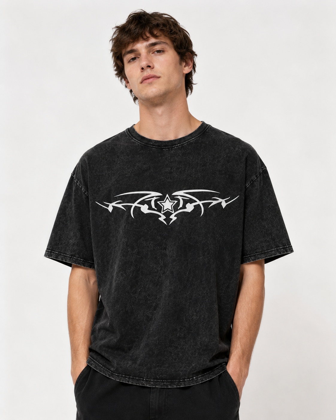 Dark Gothic Dragon Bone Demon Wing Double-Sided Print Totem Print Washed Distressed Short-Sleeve T-Shirt, American Heavyweight Pure Cotton, Oversized, Subculture Retro High Street Style, Unisex T-Shirt