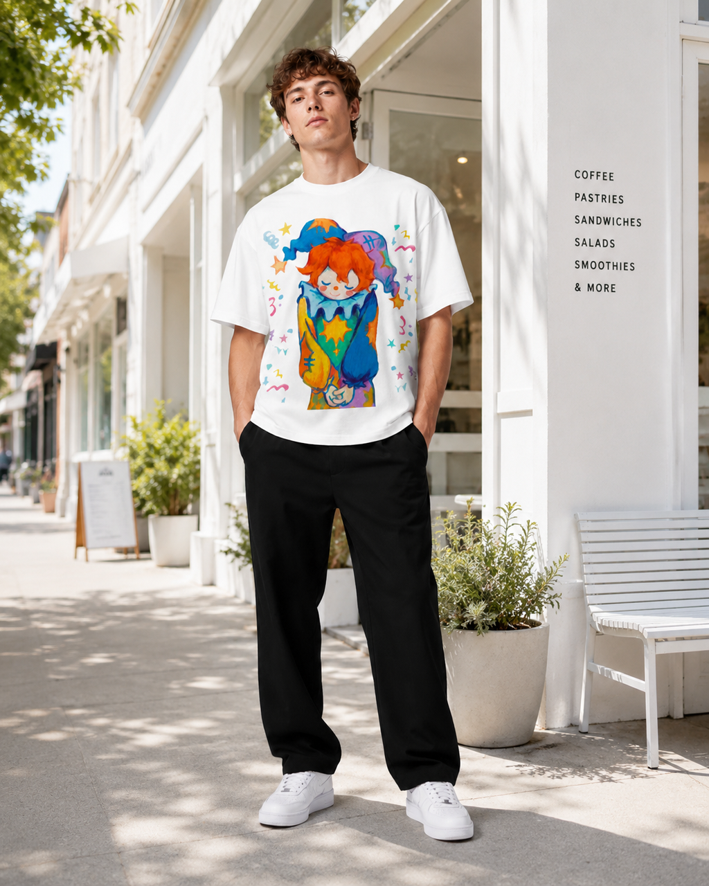 Hand-painted, colorful clown print, distressed wash, American heavyweight pure cotton, oversized, fun, retro, dopamine-inducing unisex T-shirt.