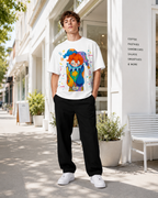Hand-painted, colorful clown print, distressed wash, American heavyweight pure cotton, oversized, fun, retro, dopamine-inducing unisex T-shirt.