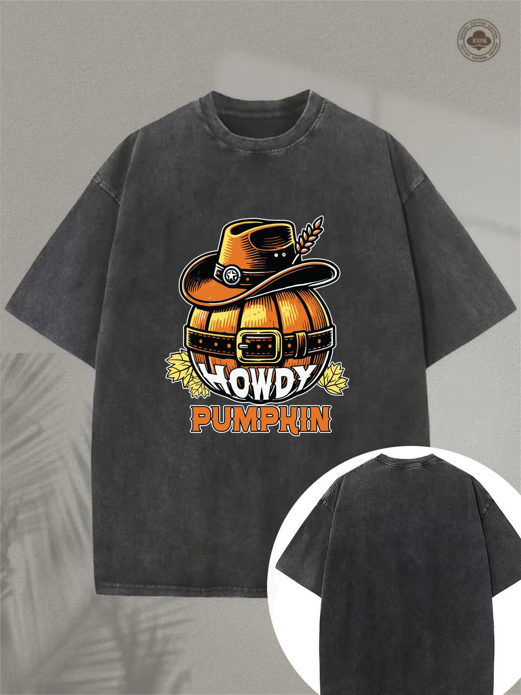 Men's Vintage Western Dark Gray Denim T-Shirt - Distressed Soft Washed Cotton Short Sleeve Tee with Pumpkin Patch Design, Round Neck Casual for halloween Party Outfit, Autumn Fall Western Style Top, Machine Washable