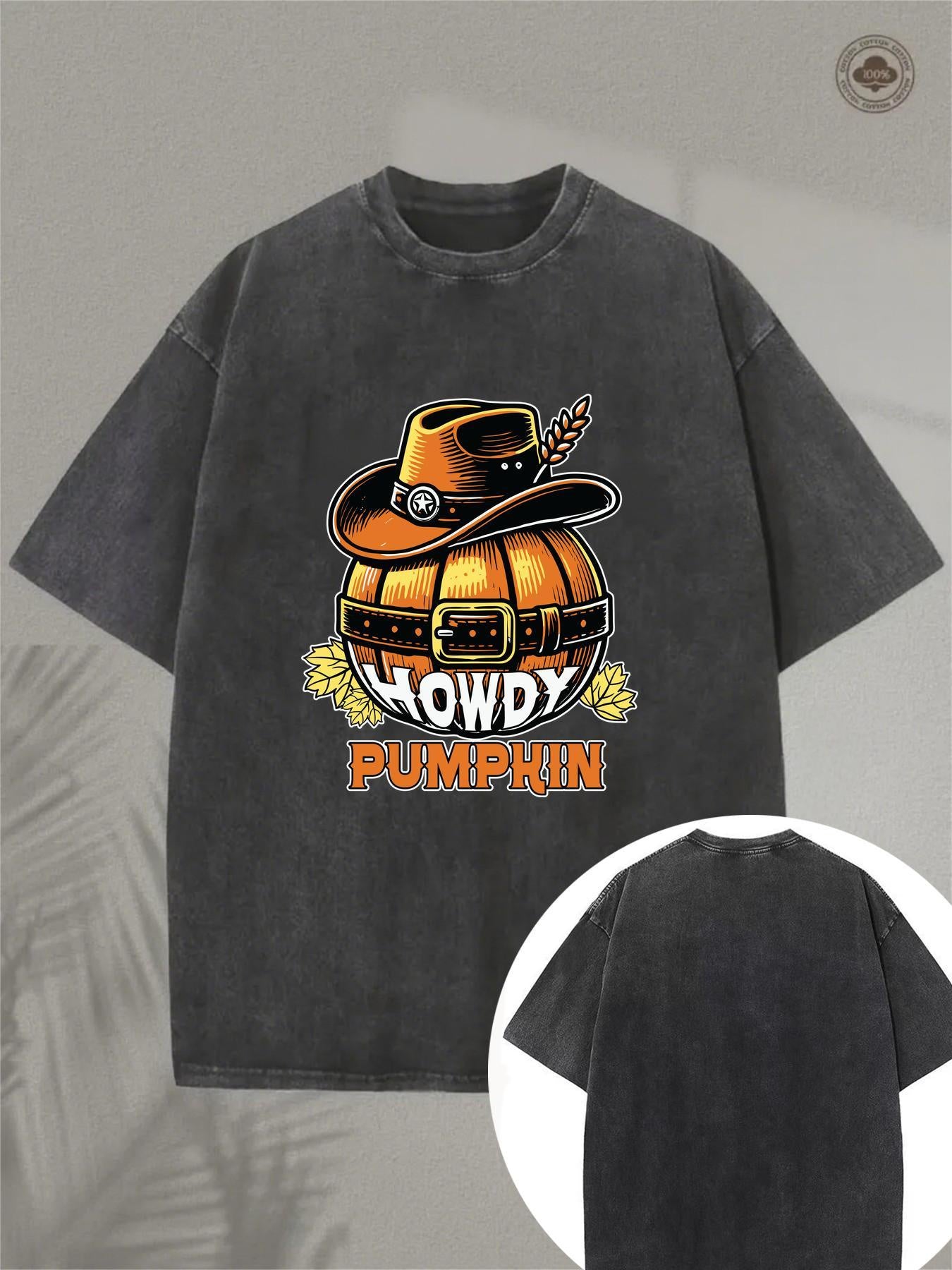 Men's Vintage Western Dark Gray Denim T-Shirt - Distressed Soft Washed Cotton Short Sleeve Tee with Pumpkin Patch Design, Round Neck Casual for halloween Party Outfit, Autumn Fall Western Style Top, Machine Washable