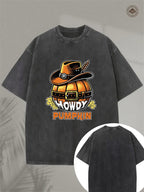 Men's Vintage Western Dark Gray Denim T-Shirt - Distressed Soft Washed Cotton Short Sleeve Tee with Pumpkin Patch Design, Round Neck Casual for halloween Party Outfit, Autumn Fall Western Style Top, Machine Washable