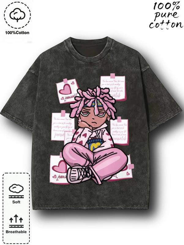 Couple style retro washed short sleeved printed T-shirt, round neck short sleeved regular length, pink dirty braid character and love note decoration, regular hem, presenting trendy street style