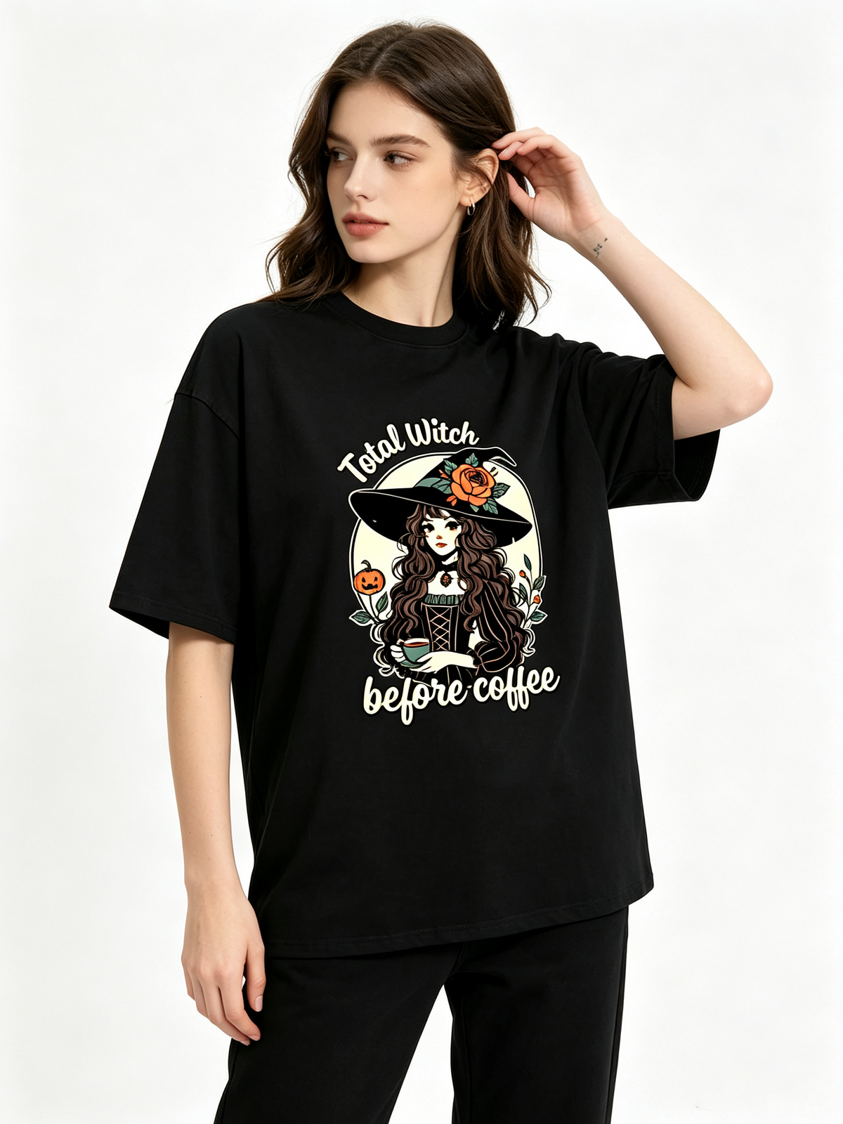 Heavyweight Cotton Vintage-Wash Oversized T-Shirt – Halloween Witch & Coffee Graphic (Unisex/Men's Streetwear Style)