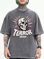 Men'S 100% Vintage Washed Loose T-Shirt | Unique Skull and 'TERROR RATIEN' Chinese Character Print, Punk Trash Style Street Drop Shoulder Design, Soft Breathable, Suitable for Daily Wear and Concert Outfits1:1