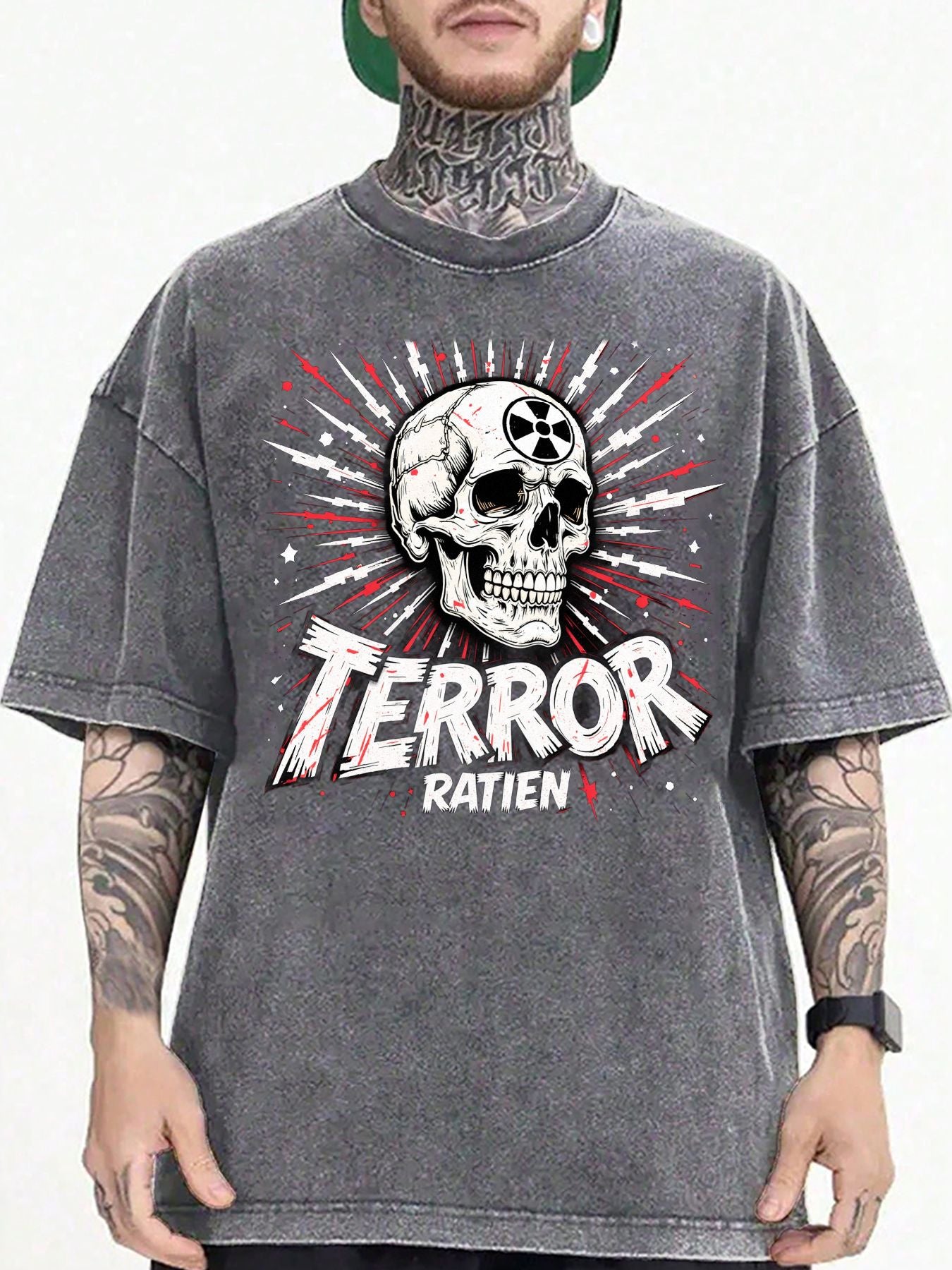 Men'S 100% Vintage Washed Loose T-Shirt | Unique Skull and 'TERROR RATIEN' Chinese Character Print, Punk Trash Style Street Drop Shoulder Design, Soft Breathable, Suitable for Daily Wear and Concert Outfits1:1