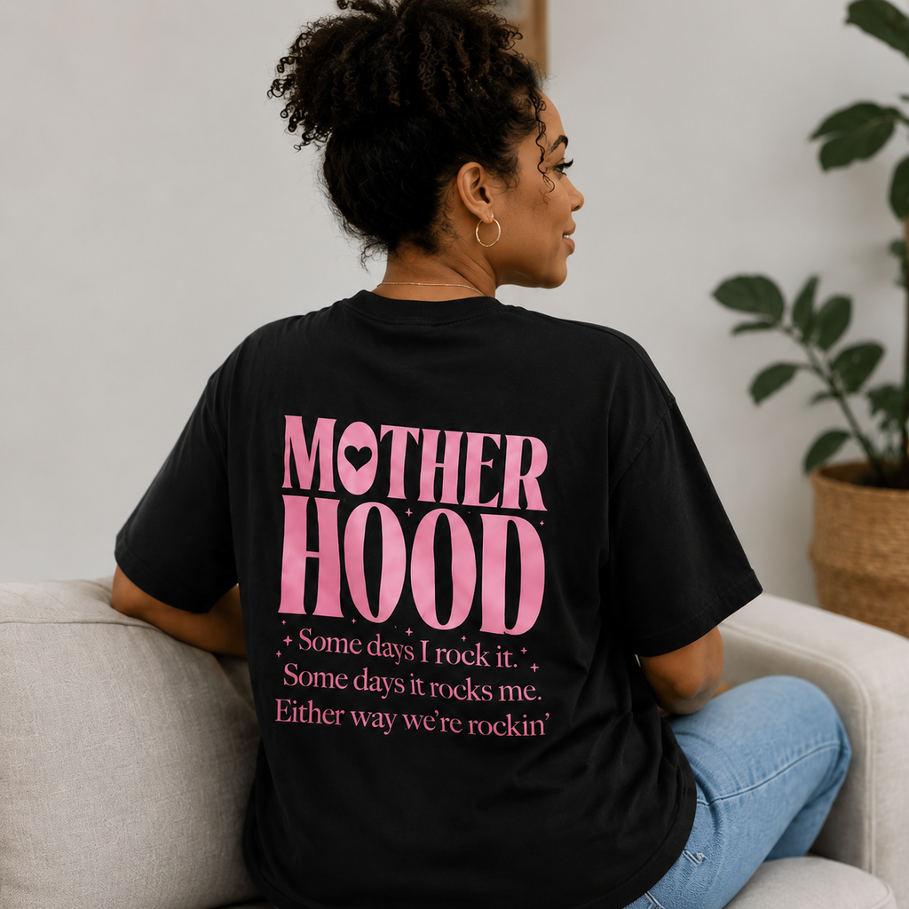 "Motherhood" Double-Sided Print T-Shirt – 100% Cotton, Black, Loose-Fit, Mother's Day Themed Short-Sleeve Tee for Moms