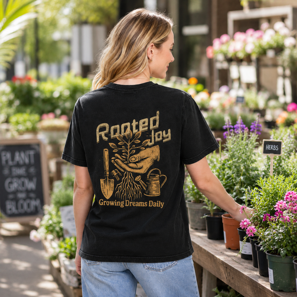 "Rooted Joy" Vintage-Style Relaxed Fit Cotton T-Shirt – Featuring a Back Graphic of Hands Holding a Sapling (Soothing/Nature-Inspired Aesthetic) – Unisex Short-Sleeve Tee