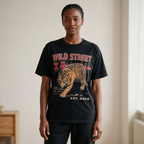 WILD STREET Vintage-Wash Fierce Tiger Print Oversized Heavyweight Cotton T-Shirt (Unisex, Japanese Streetwear Style)
