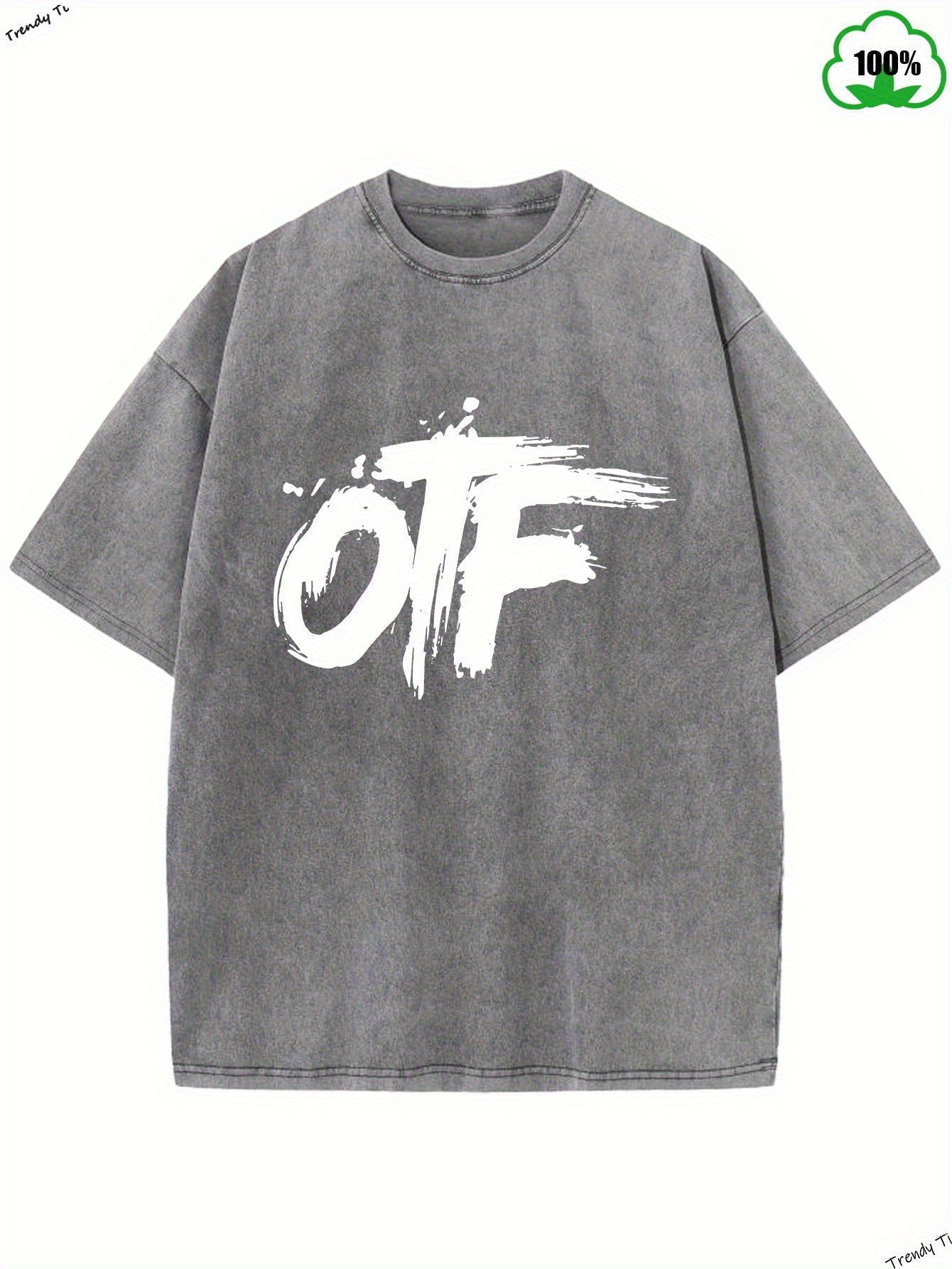 Men'S Vintage Washed 100% T-Shirt with Oversized "OTF" Letter Print - Distressed Brown & Retro Graphic Tee, Round Neck Casual Shirt for Casual Attire, All-Season Comfort Fit, Breathable & Durable (Ideal for Layering Standalone Outfits)
