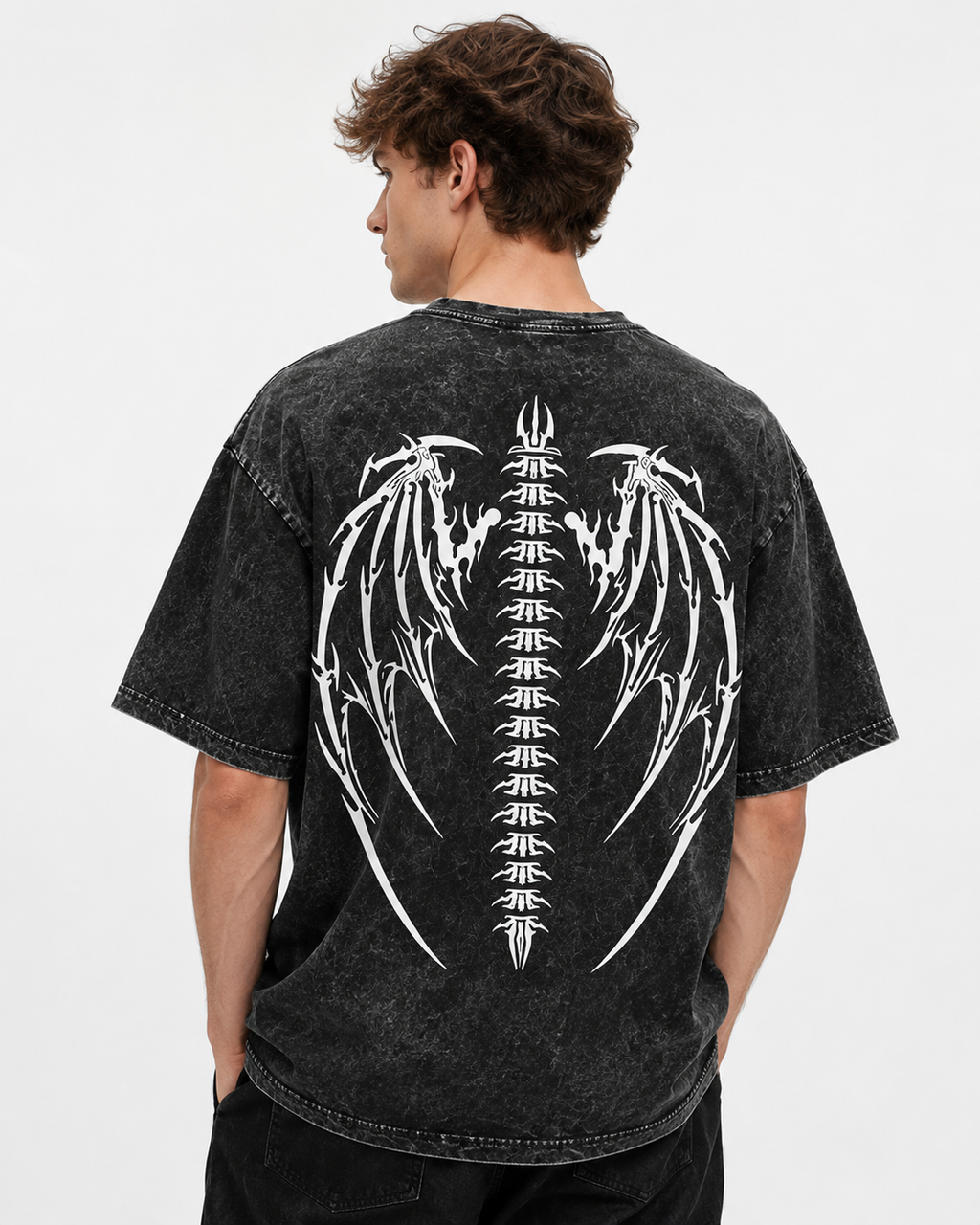 Dark Gothic Dragon Bone Demon Wing Double-Sided Print Totem Print Washed Distressed Short-Sleeve T-Shirt, American Heavyweight Pure Cotton, Oversized, Subculture Retro High Street Style, Unisex T-Shirt