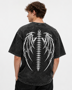 Dark Gothic Dragon Bone Demon Wing Double-Sided Print Totem Print Washed Distressed Short-Sleeve T-Shirt, American Heavyweight Pure Cotton, Oversized, Subculture Retro High Street Style, Unisex T-Shirt