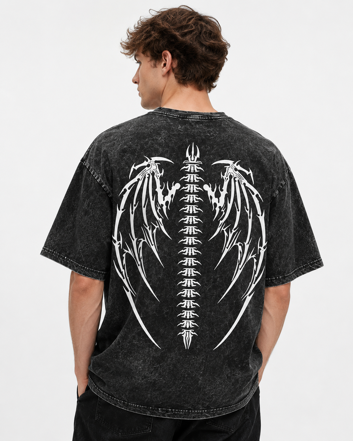 Dark Gothic Dragon Bone Demon Wing Double-Sided Print Totem Print Washed Distressed Short-Sleeve T-Shirt, American Heavyweight Pure Cotton, Oversized, Subculture Retro High Street Style, Unisex T-Shirt