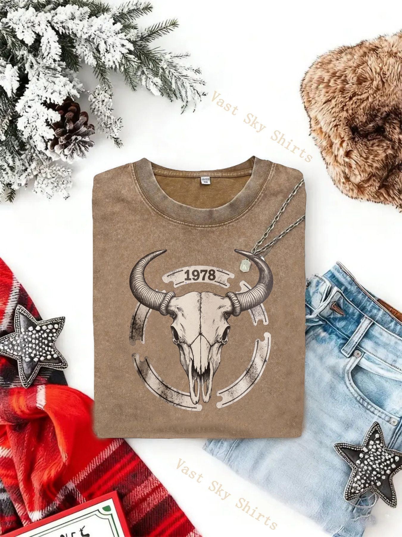 Y2K Retro Style Round Neck T-Shirt | Washed Style, Bull Skull 1978 Print, Casual Party, Key Pattern, Faith Scene, Family Gathering, Church Activities, Holiday Gift | Perfect for Adults, All-season, Regular Fit