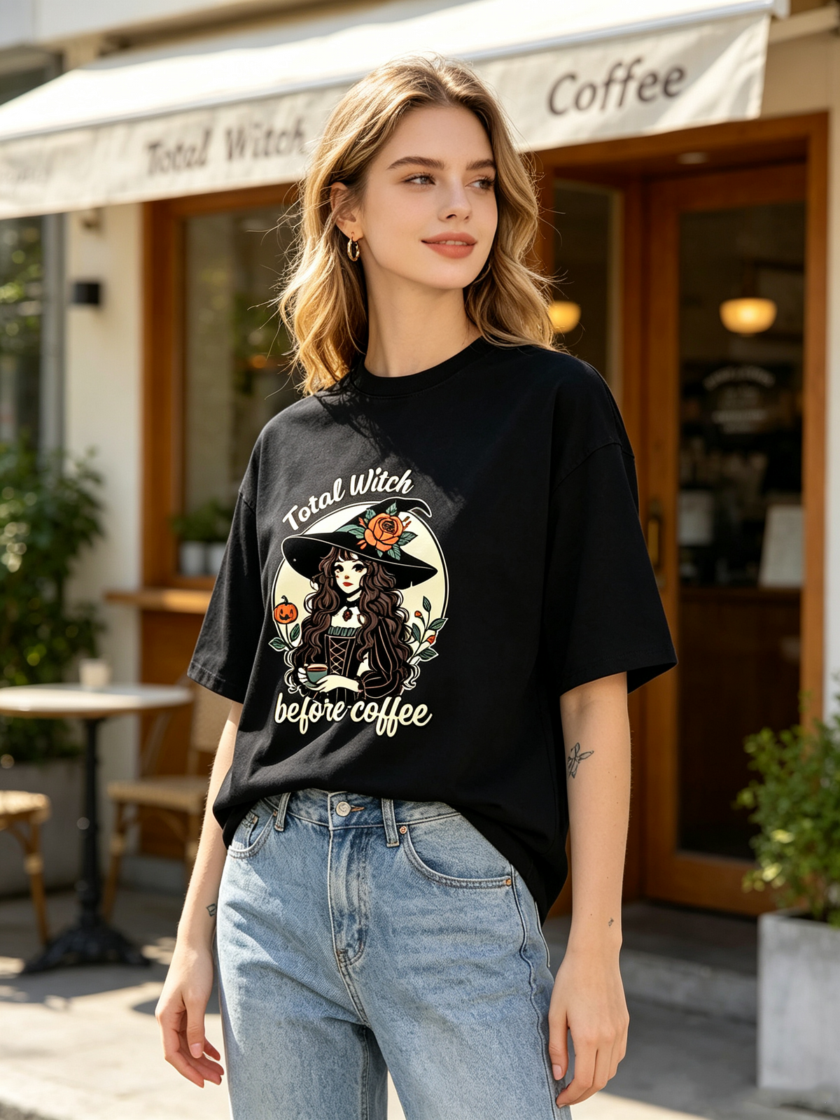 Heavyweight Cotton Vintage-Wash Oversized T-Shirt – Halloween Witch & Coffee Graphic (Unisex/Men's Streetwear Style)