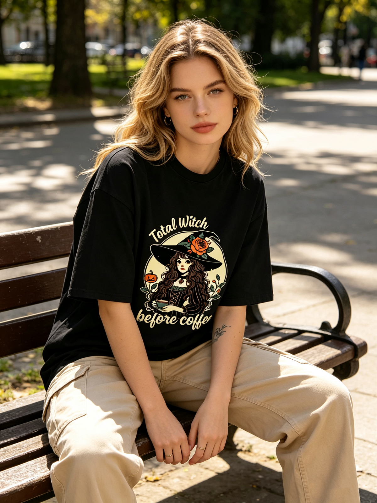 Heavyweight Cotton Vintage-Wash Oversized T-Shirt – Halloween Witch & Coffee Graphic (Unisex/Men's Streetwear Style)
