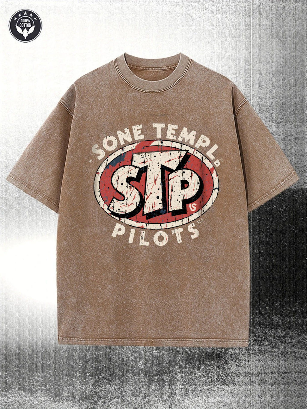 Retro Black 230G Washed Cotton Retro Street Style Short-Sleeved Shirt, Decorated with Sone Temple& Pilots Logo, STP Red Oval Badge, round Neck Short Sleeve Casual Style, Suitable for All Seasons