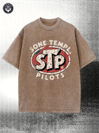 Retro Black 230G Washed Cotton Retro Street Style Short-Sleeved Shirt, Decorated with Sone Temple& Pilots Logo, STP Red Oval Badge, round Neck Short Sleeve Casual Style, Suitable for All Seasons