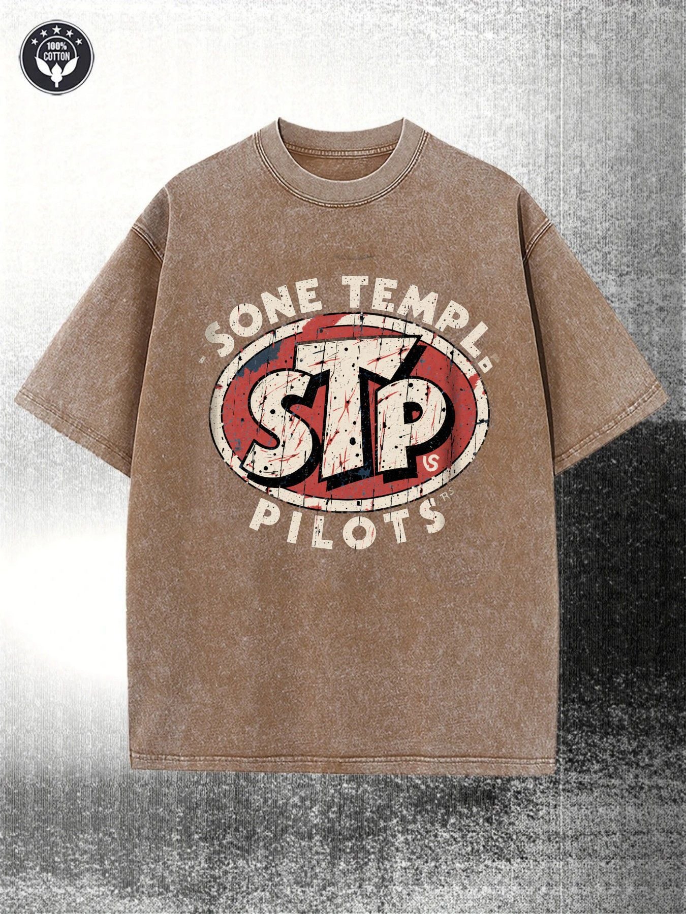 Retro Black 230G Washed Cotton Retro Street Style Short-Sleeved Shirt, Decorated with Sone Temple& Pilots Logo, STP Red Oval Badge, round Neck Short Sleeve Casual Style, Suitable for All Seasons