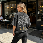 Women's Black Acid-Washed Short-Sleeve T-Shirt – Loose Street-Style Crew Neck Top with Back Graphic (Inspirational Slogan, Owl, and Palm Print)