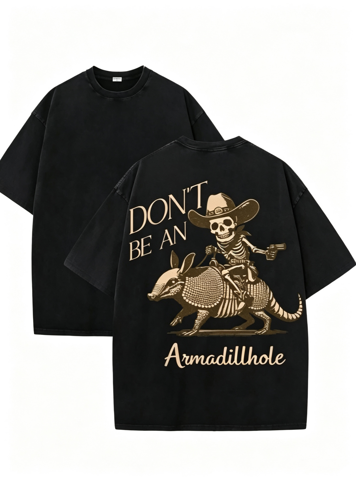 Oversized Unisex Cotton T-Shirt Featuring a Western-Style Skeleton Cowboy Riding an Armadillo; Vintage-Style Washed Finish with a Fun, Quirky Graphic Print.