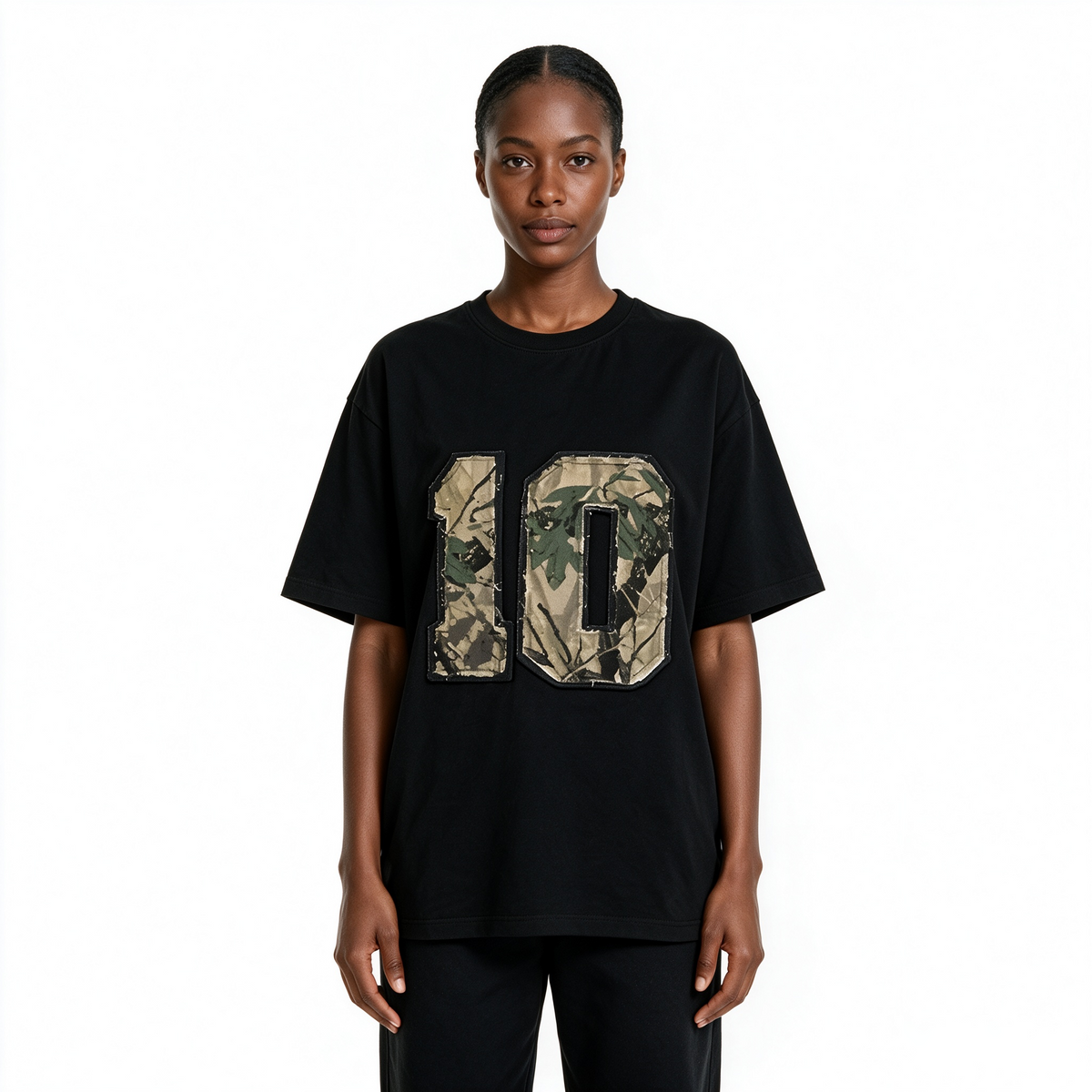 American Vintage-Style Oversized Heavyweight Cotton T-Shirt – Distressed Patchwork & "10" Graphic (Unisex)