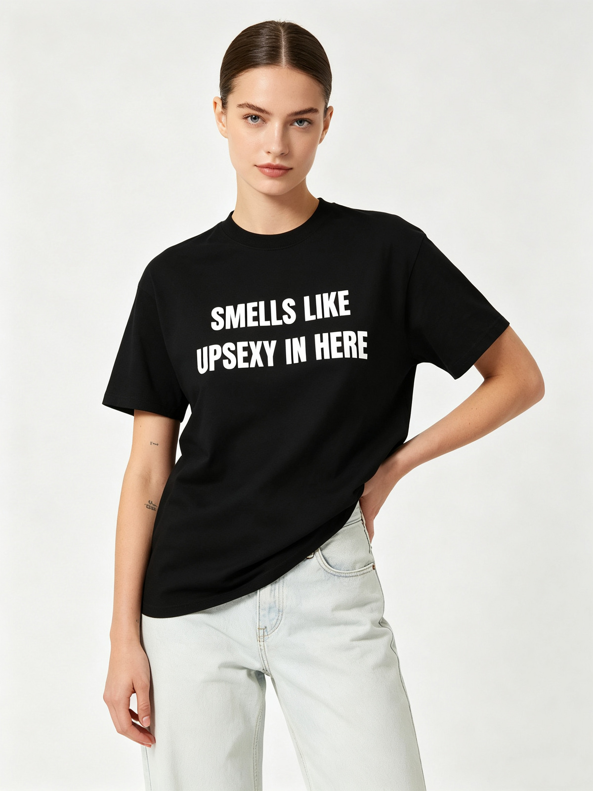 Women's Oversized Black Cotton Short-Sleeve T-Shirt – "Smells Like Upsexy In Here" – Fun, Bold Graphic Print – Casual American-Style Novelty Tee