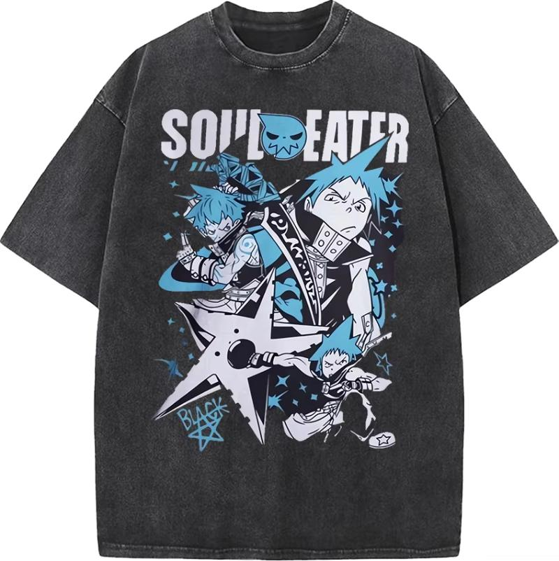 Vintage-Wash Oversized Short-Sleeve T-Shirt | Soul Eater Anime Print | Unisex American-Style Loose Fit