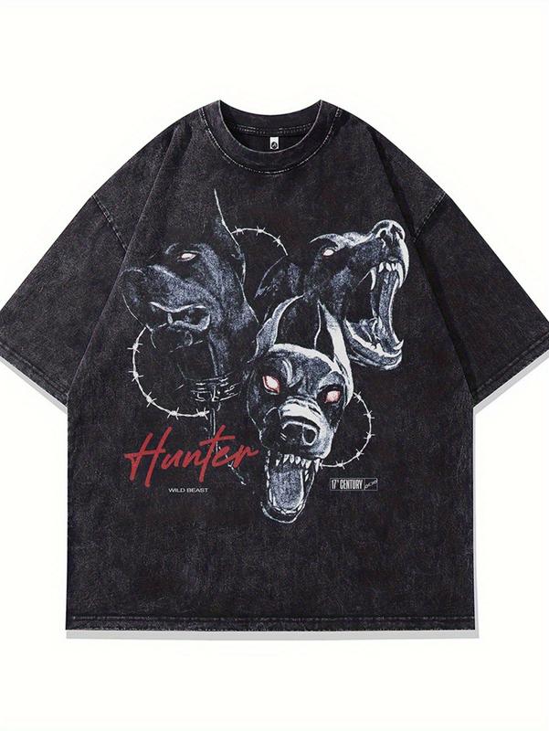 Double-sided printMen's Heavyweight 230gsm Cotton Vintage Washed T-Shirt - Hell Dog Graphic Print Streetwear Tee with Applique Detailing, Distressed Black Crew Neck Short Sleeve, Medium Stretch Knit Fabric for Casual Casual Attire, Streetstyle Apparel