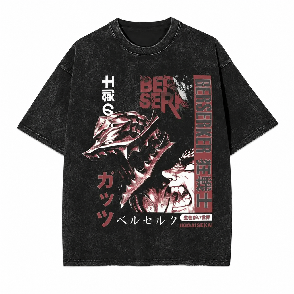 Acid-Washed Vintage-Style *Berserk* (Guts/Berserker Armor) Graphic Tee – Heavyweight, Oversized, Dark Anime Aesthetic – Unisex Retro T-Shirt