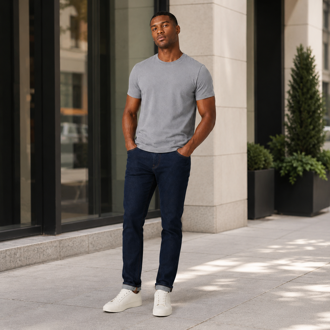 A men's grey pure cotton crew-neck T-shirt that is easy to style all year round.