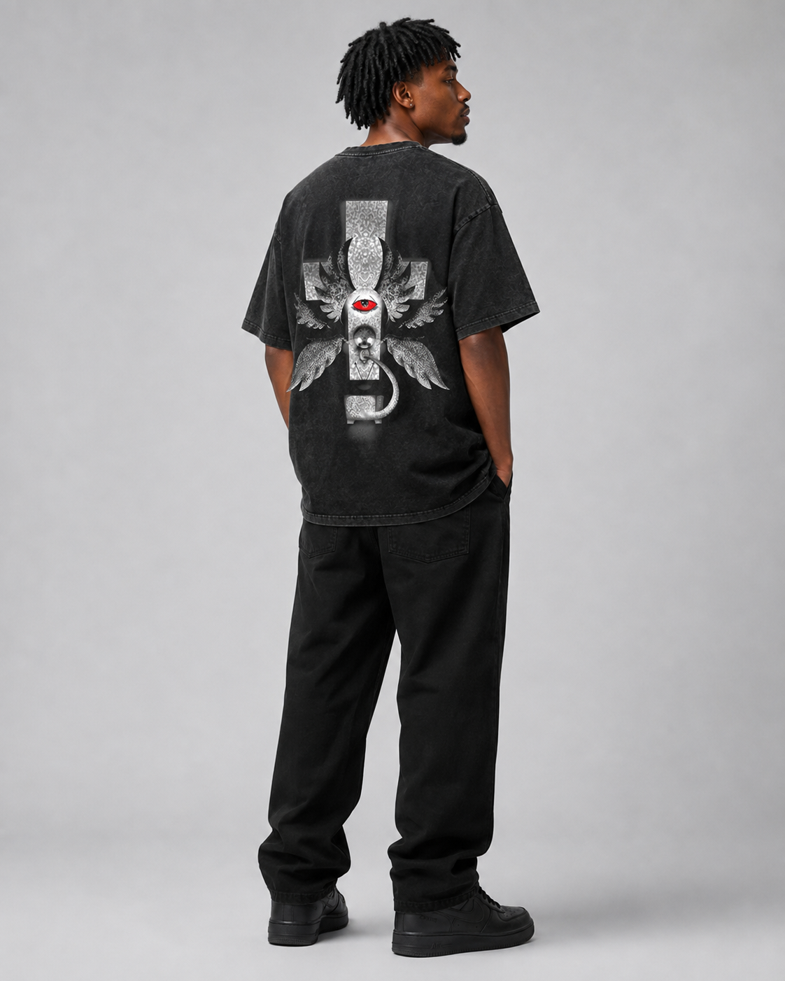 Vintage-Wash Oversized Short-Sleeve T-Shirt | "Angel's Eye & Cross" Dark Subculture Double-Sided Print (Unisex)