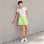 American vintage-style "dirty wash" shorts; distressed, faded, cotton-feel athletic shorts; versatile, casual unisex style.